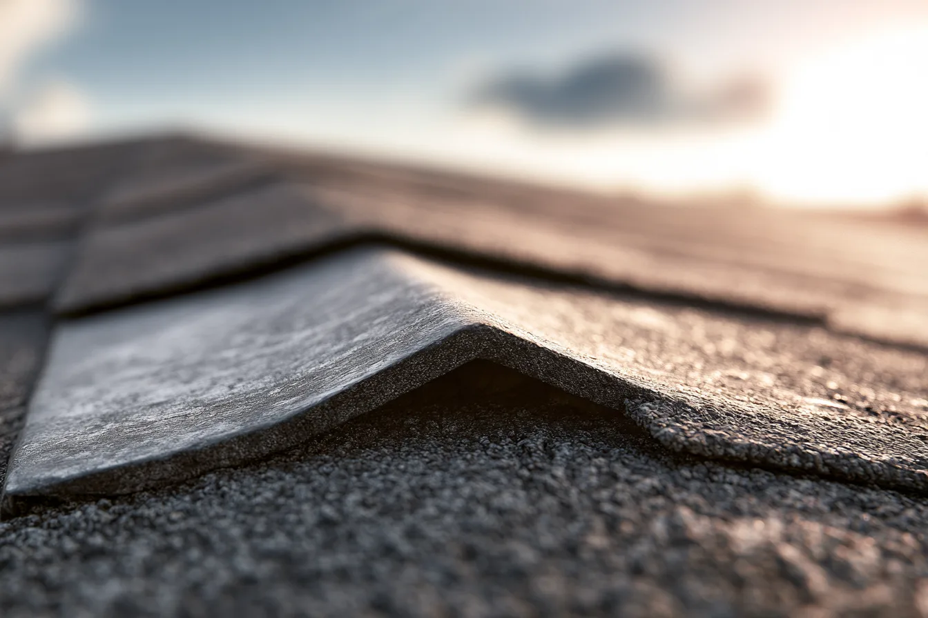 Close-up of a lifted shingle edge in low sunlight