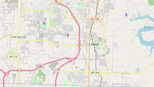 Street map of Lowell, Arkansas between Rogers and Springdale on the I-49 corridor