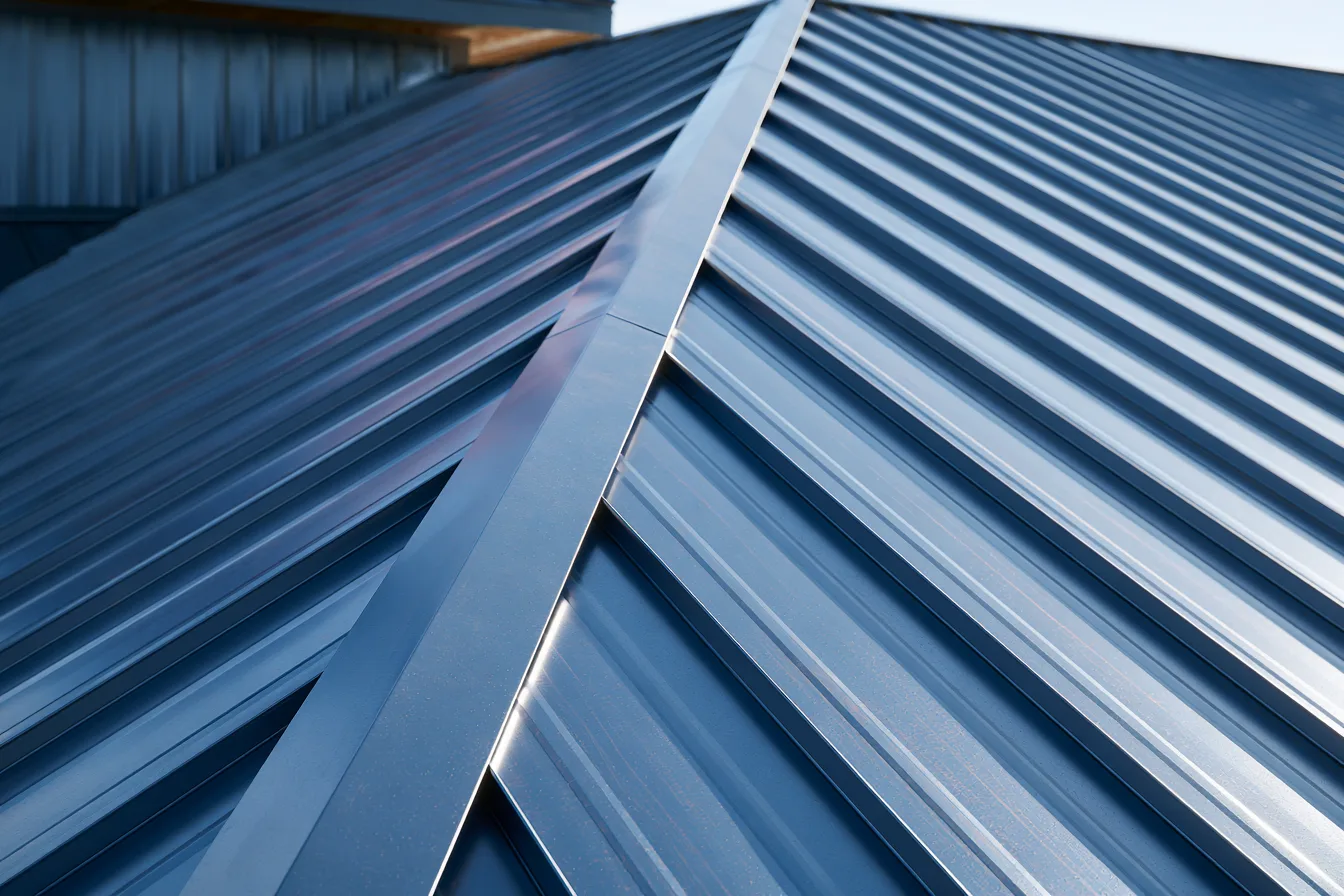 A dark blue-gray standing seam metal roof with a raised seam rising toward clear sky
