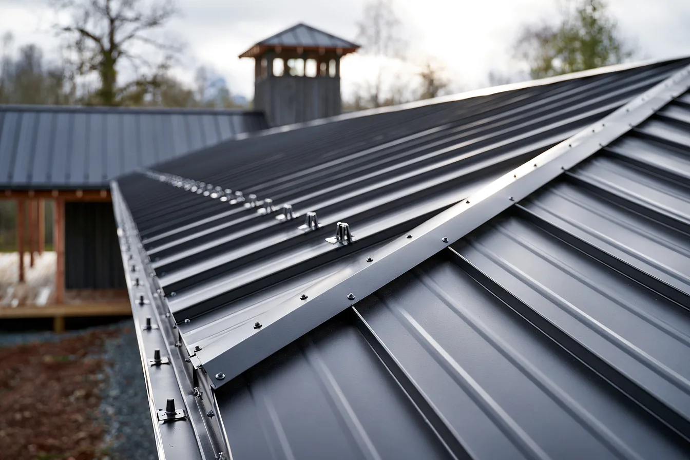 A dark gray standing seam metal roof with fastener screws along the ridge and a distant tower